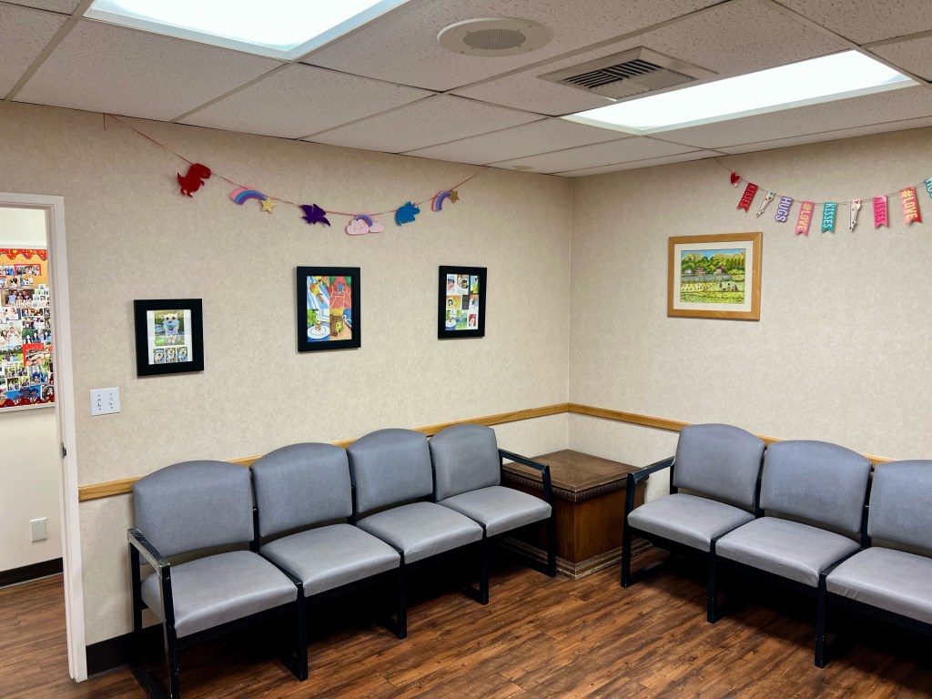 Dr. Sumi's waiting room, decorated with colorful garlands and framed artwork.